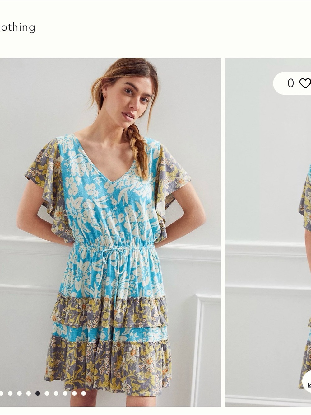 Anthropologie Blue and Gray Floral Tiered V-Neck Mini Dress